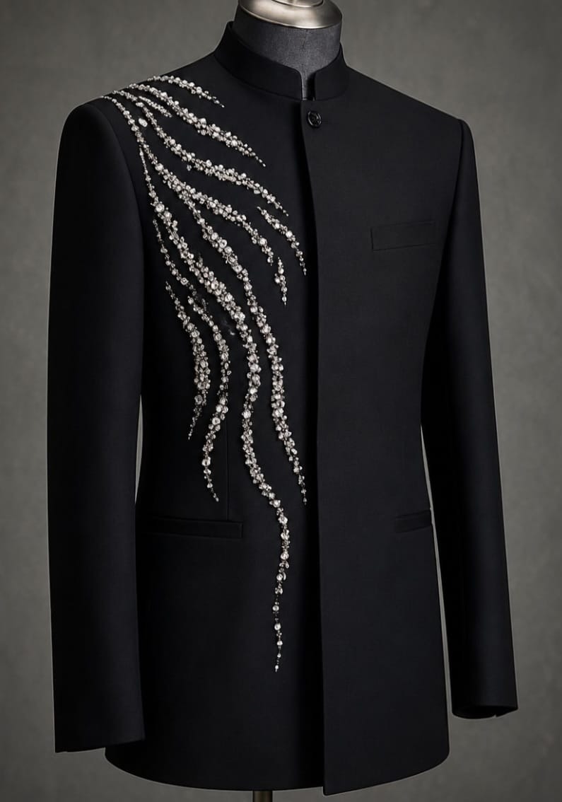 Man embroidery black suit with 100% cotton fabric